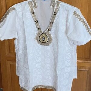 White and Gold Embroidered Top